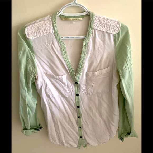 Twelfth street by Cynthia Vincent green white blouse button down top l small - Picture 1 of 7